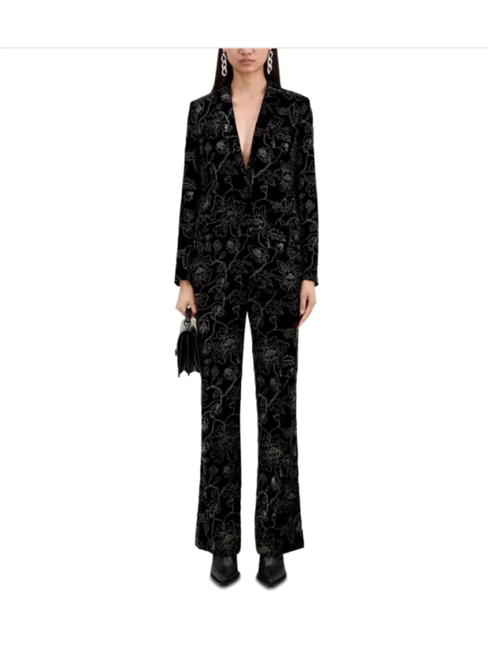 Women's The Kooples Floral Velvet Pantsuit Black Silver Size XS